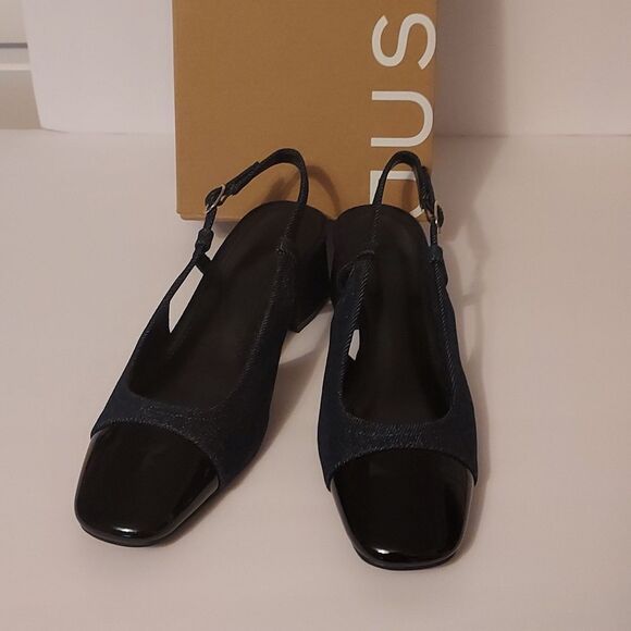 Spectator Pump Blue Denim and Black Patent Slingback block heel Size 7 - Picture 9 of 16